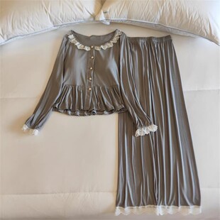 带胸垫睡衣女春秋冬季长袖蕾丝花边高级感可外穿莫代尔家居服套装