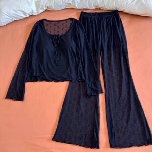 春秋冬季带胸垫莫代尔棉睡衣女外层蕾丝网纱花边长袖家居服套装