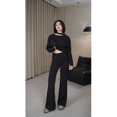黑色微喇裤女高腰显瘦休闲裤