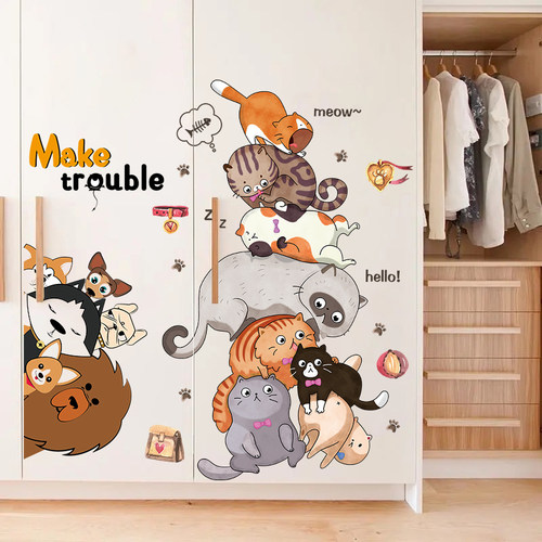 猫咪贴纸衣柜小图案柜子移动门推拉门装饰布置翻新防水自粘贴画