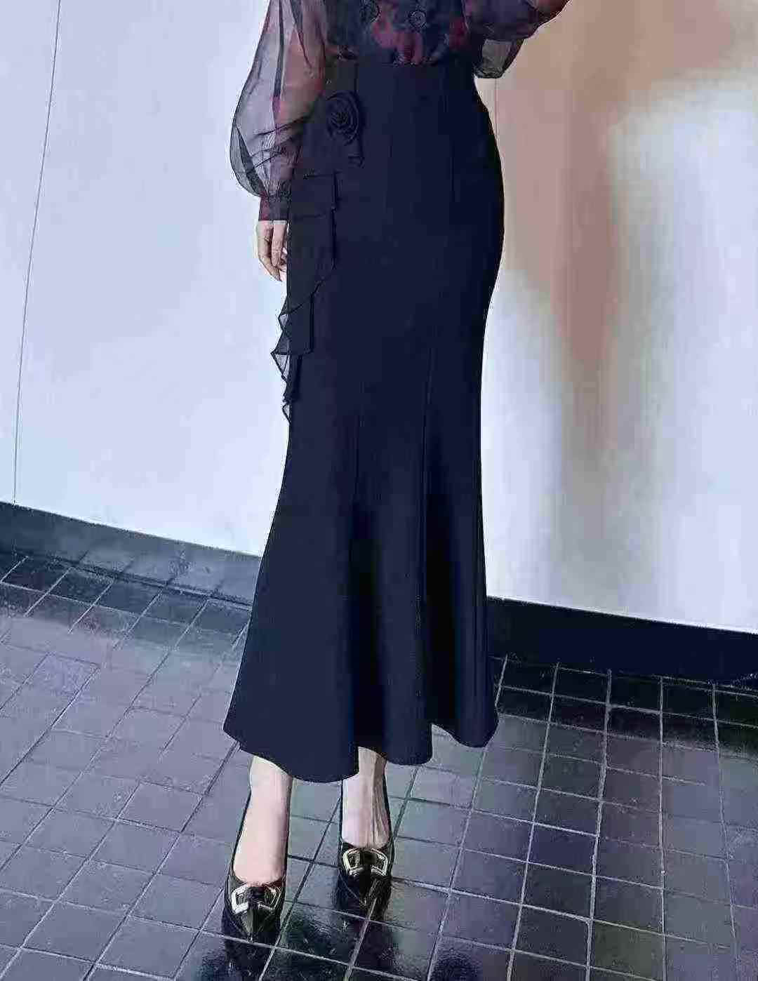 堂熙泉Y18气质玫瑰花荷叶边开叉半身裙女秋款性感御姐包臀中长裙