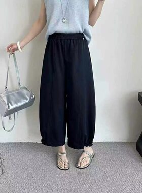 韩佰莉835欧货夏季新裤休闲显瘦松紧腰九分花苞直筒阔腿奶奶裤女