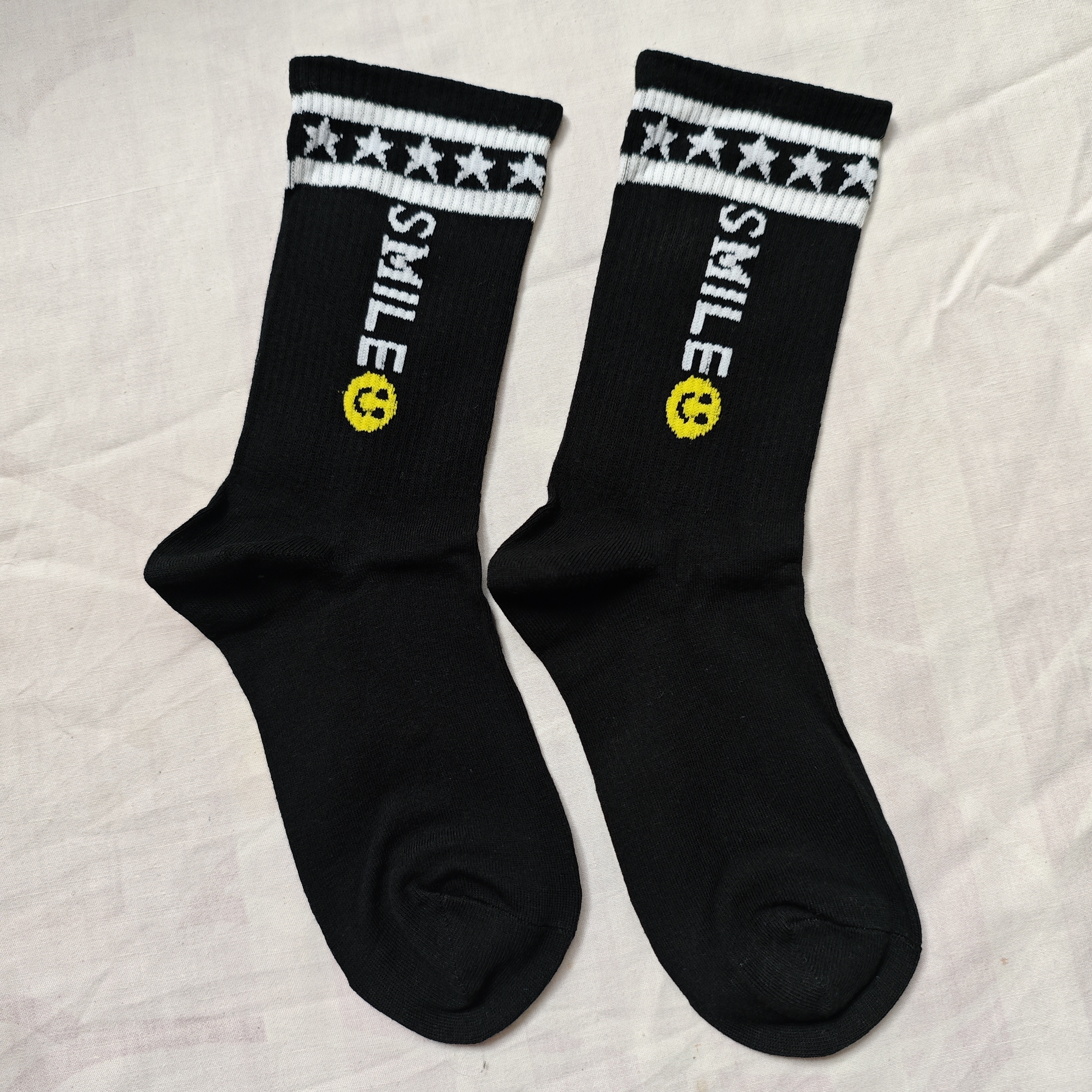 10双纯棉女运动中高筒精梳棉笑脸黑色女袜吸汗透气保暖