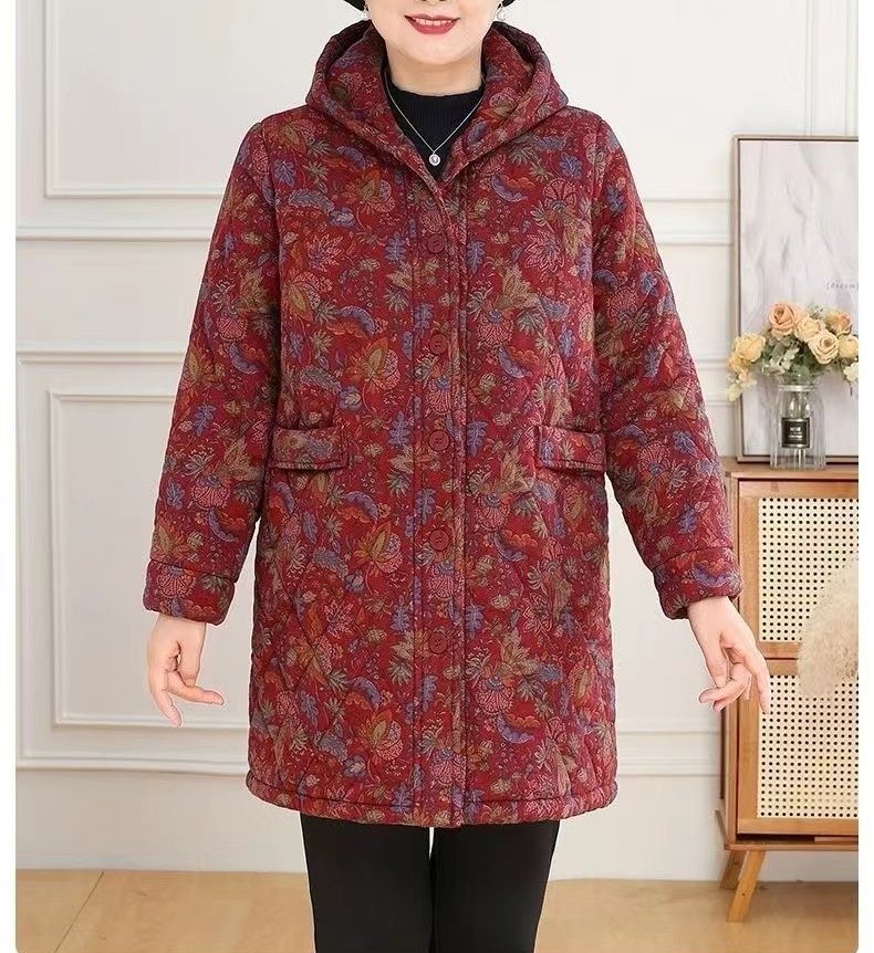 中老年冬季奶奶中长款连帽保暖棉棉衣/棉服