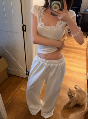 美式辣妹白色蕾丝花边低领短袖T恤女夏纯欲修身显瘦短款内搭上衣