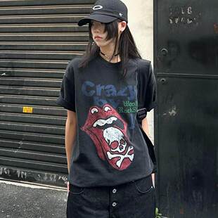 美式小众复古做旧大舌头印花水洗慵懒休闲宽松舒适短袖T恤女上衣