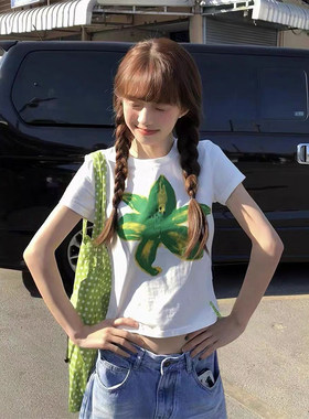 美式多巴胺绿色花朵印花短袖t恤女2026新款辣妹修身百搭纯棉上衣