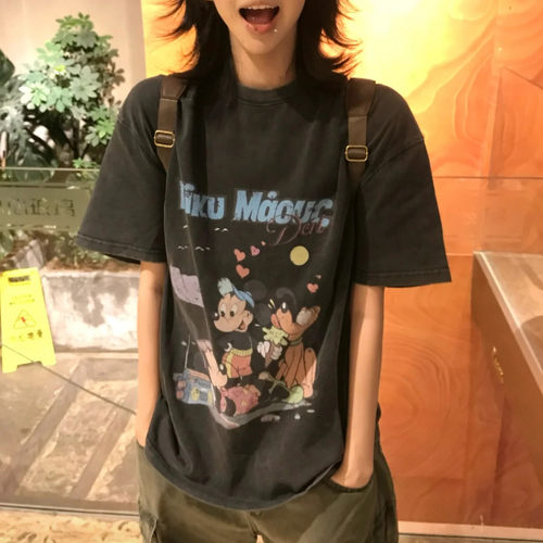 复古水洗做旧米老鼠短袖T恤女