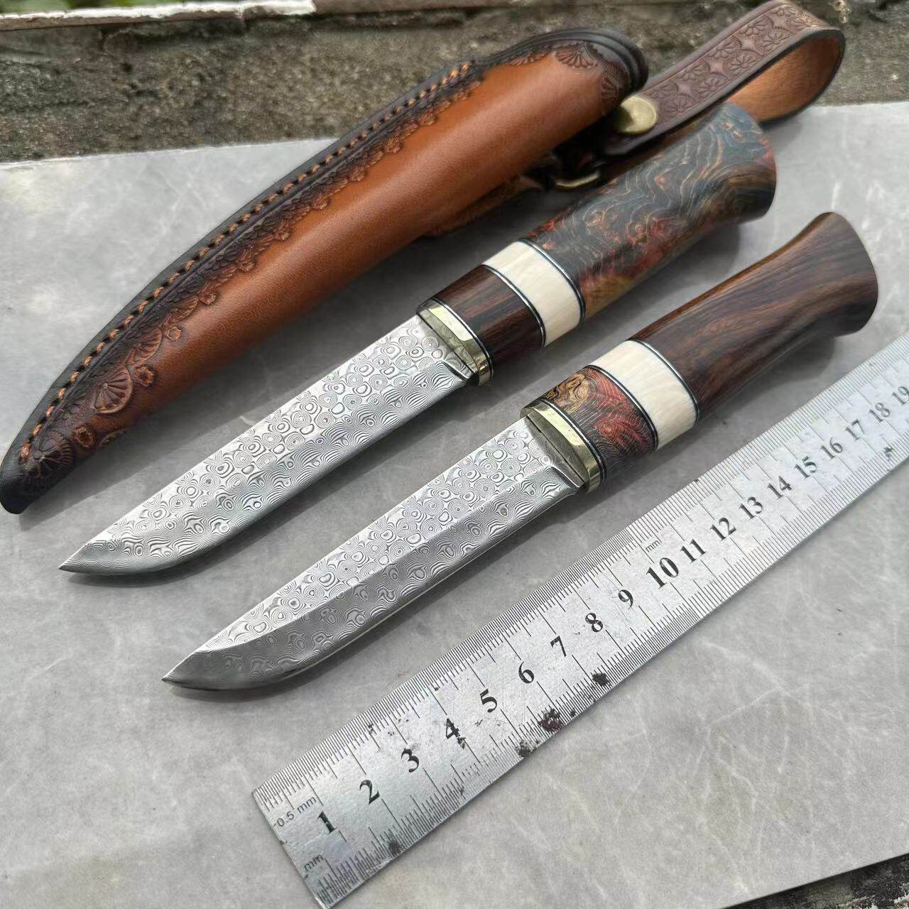 户外刀具直刀 北欧小直手工刀收藏把玩刀具大马士革无夹钢锻打