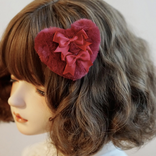本守造原创手工毛绒仿皮草爱心发夹边夹蝴蝶结软妹lolita红色粉色