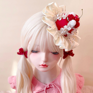 本守造原创手工樱桃蛋糕波点蝴蝶结小礼帽发夹边夹Lolita米白红色