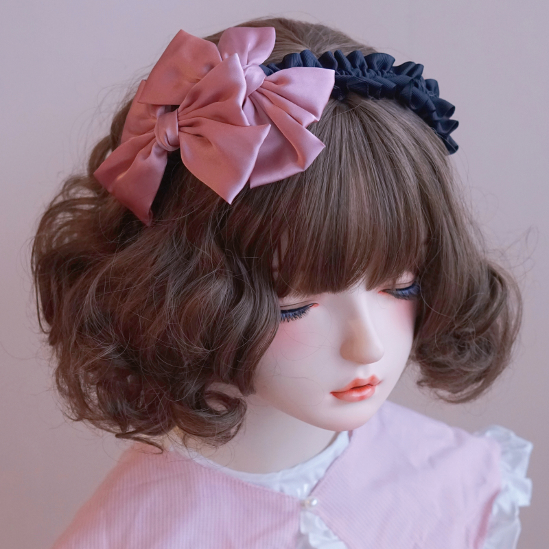 本守造原创手工粉色黑粉头箍发箍荷叶边lolita缎面蝴蝶结日韩日系