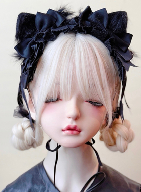 本守造原创手工缎面蝴蝶结毛绒猫耳发带兽耳lolita蕾丝bnt黑色