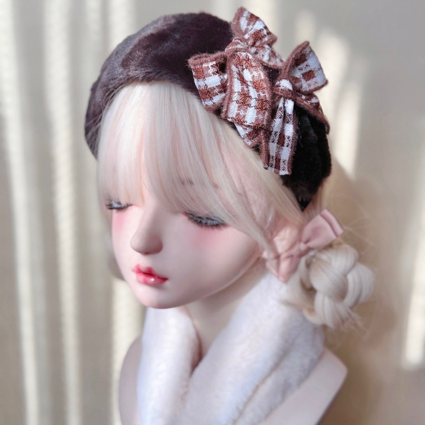 本守造原创手工钩针格子蝴蝶结毛绒发箍头箍百搭甜美棕色