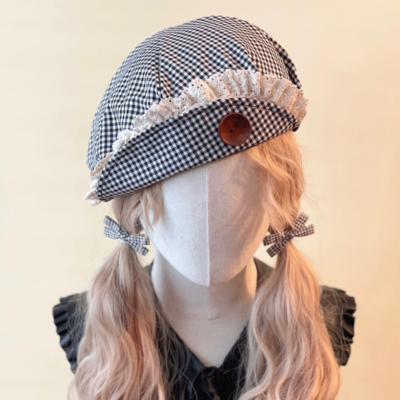 本守造原创手工纽扣黑白格贝雷帽