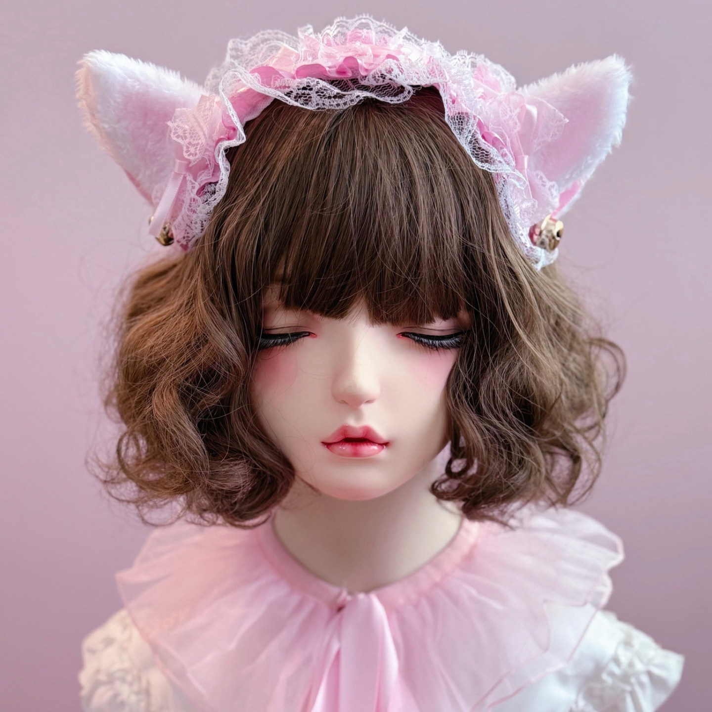 本守造原创手工铃铛毛绒猫耳蕾丝褶皱发箍兽耳lolita白色粉色kc