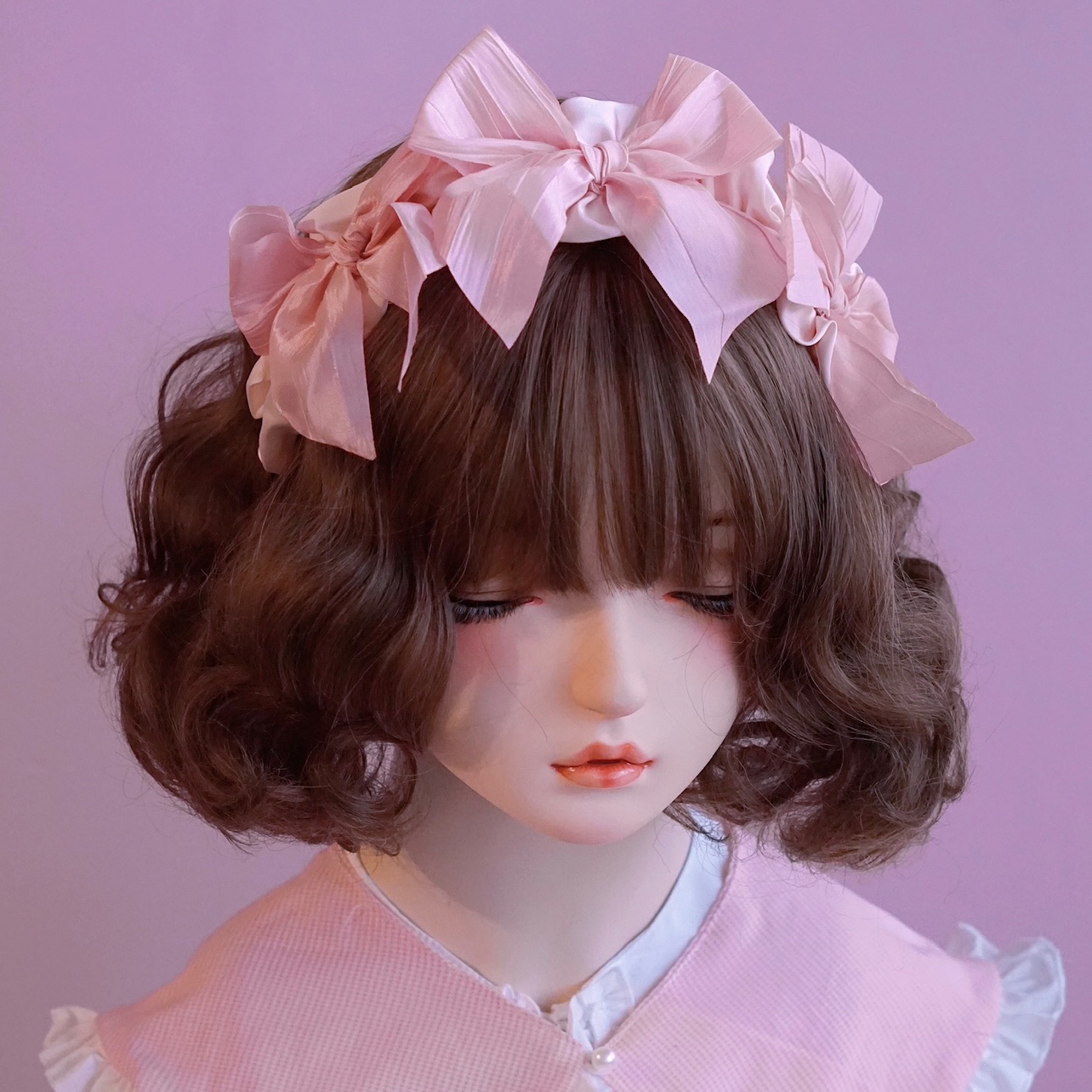 本守造原创粉缎带蝴蝶结发箍