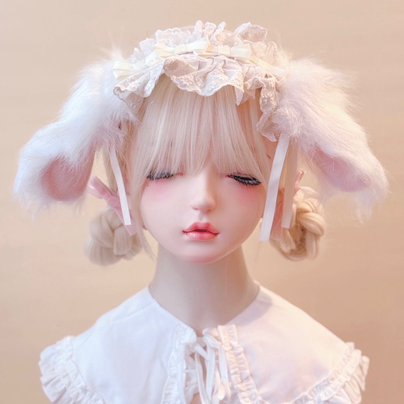 本守造原创毛绒垂耳兔蕾丝发带