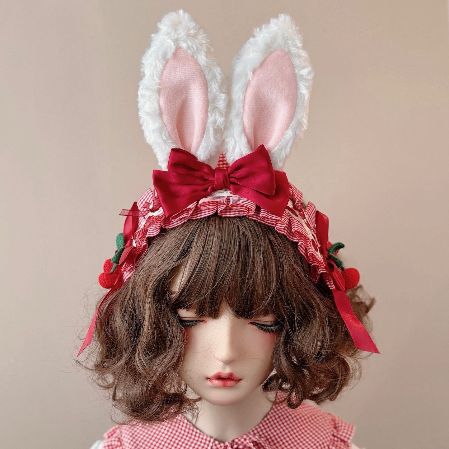 本守造原创手工钩针樱桃毛绒兔耳格子发带兽耳lolita蕾丝bnt红色