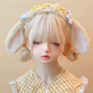 本守造原创手工蝴蝶结蕾丝毛绒垂耳兔发箍兽耳lolita毛绒kc黄色