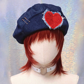 本守造原创手工红色爱心牛仔深蓝贝雷帽云朵帽甜酷Y2K亚文化蓝色