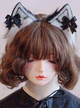 本守造原创手工双蝴蝶结铃铛黑色小猫耳朵发箍兽耳lolita毛绒kc