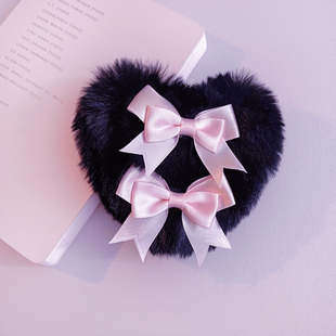 本守造原创手工仿皮草毛绒蝴蝶结发夹边夹lolita软妹黑粉