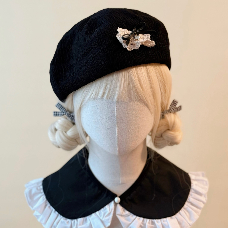 本守造原创蕾丝蝴蝶结黑色贝雷帽