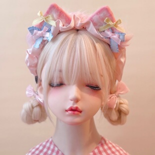 本守造原创手工糖果色蝴蝶结毛绒猫耳发箍兽耳lolita毛绒kc粉色