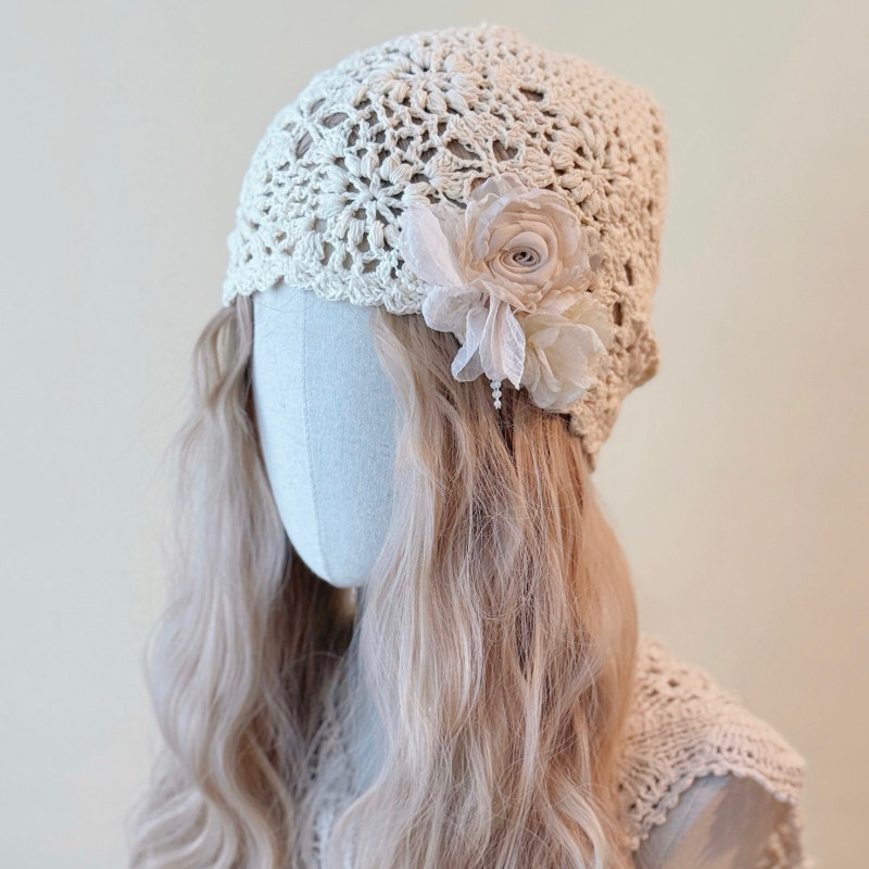 本守造原创手工绢花蕾丝钩花包头帽民族风波西米亚流浪风米白色