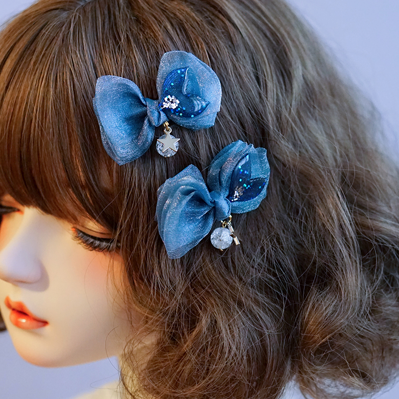本守造原创手工欧根纱蝴蝶结发夹边夹深蓝人鱼尾人鱼姬星星