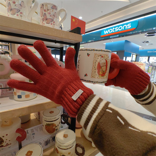 韩版软糯纯色针织毛线手套冬保暖