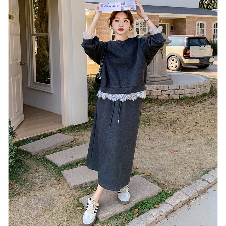 蕾丝拼接灰色休闲卫衣运动套装女春秋2025新款两件套减龄超火流行,女装套装/套裙,2C193