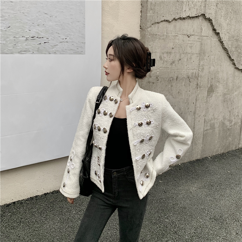 Real shot Korean Court Style Lace stitching heavy woolen jacket versatile and slim cardigan