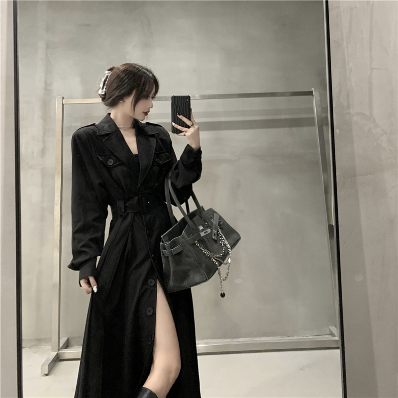 Real shot vertical sense windbreaker coat Long women 2020 new autumn temperament lace up waist coat