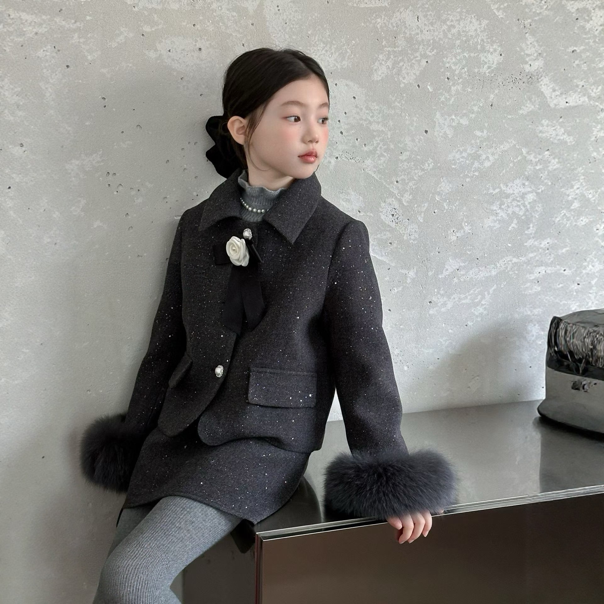 25新款千金小香风女童90白鸭绒外套两件套中大童冬装儿童洋气套装