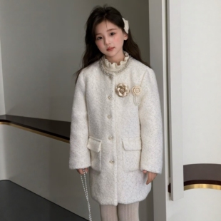 2024秋冬新款女童白色小香风中长款重工订珠亮片轻奢小香羽绒外套