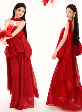影楼新款国风红色抹胸新中式高级感礼服裙个人艺术写真照摄影服装
