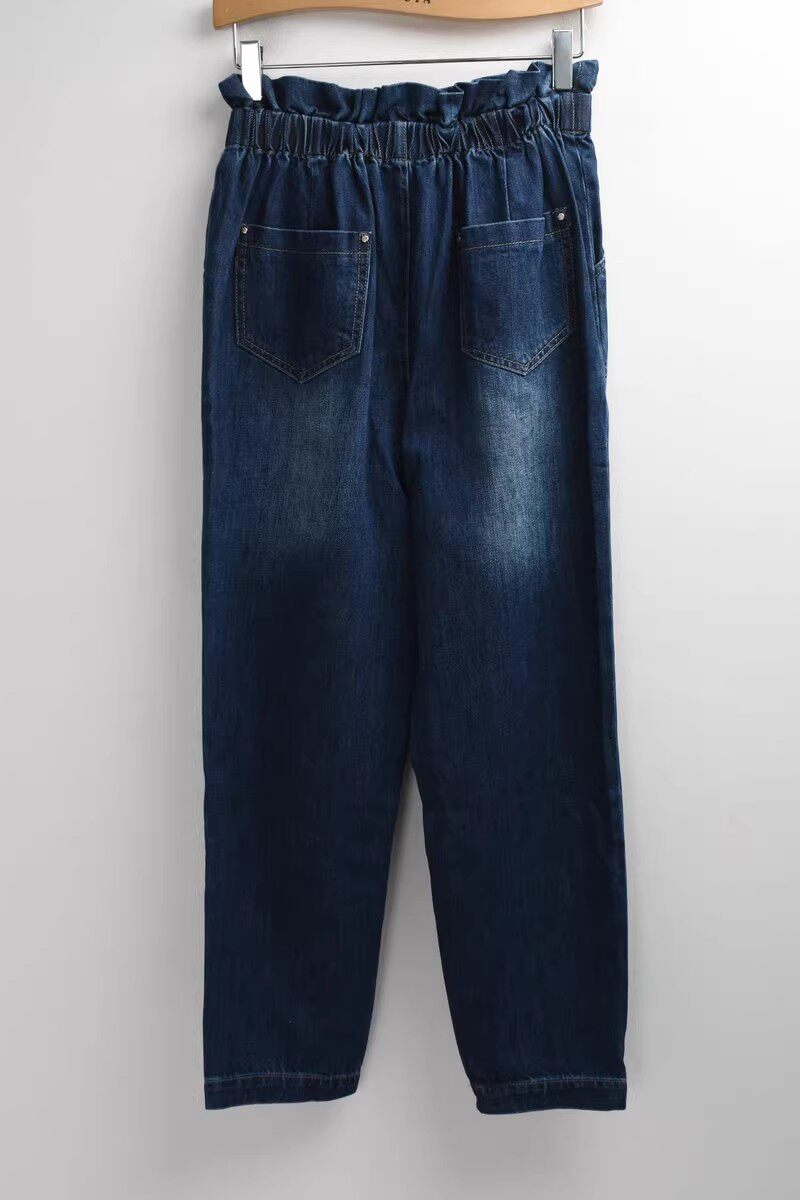 品牌女装女款2026春季19169031时尚花边松紧腰烟管直筒破洞牛仔裤