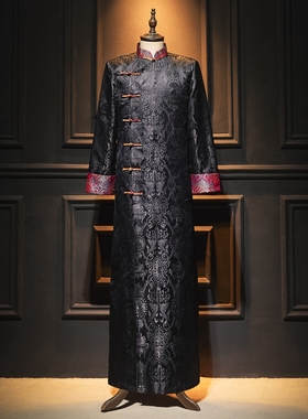 新款相声服伴郎服中式兄弟团马褂长袍马褂唐装年会主持司仪服黑色