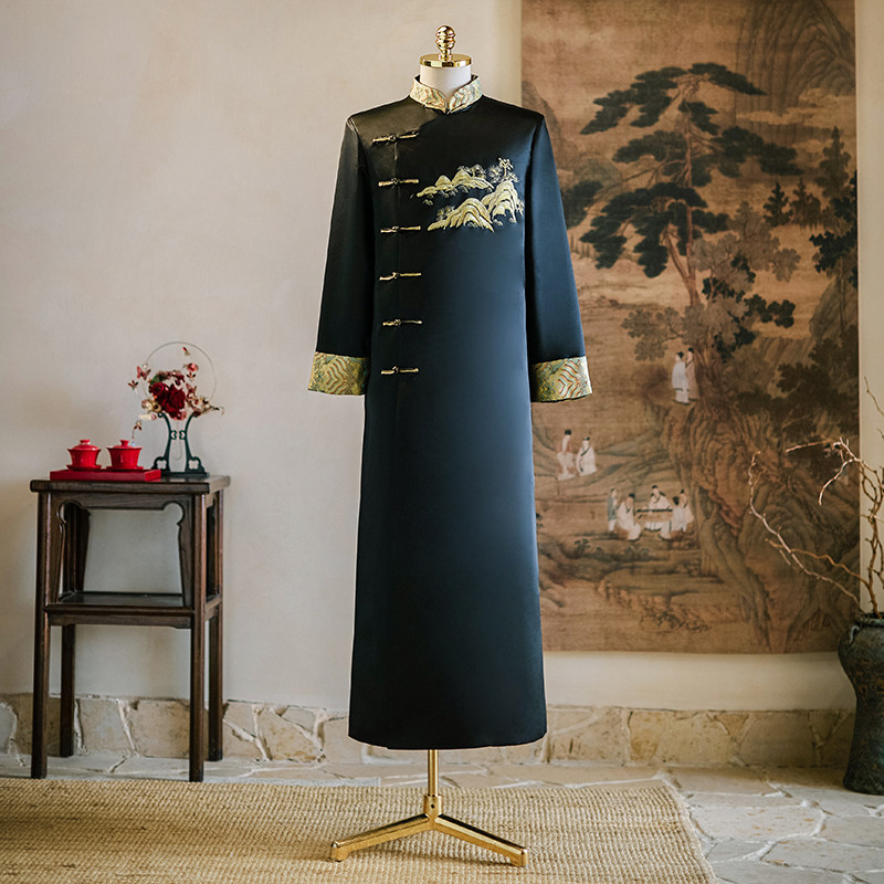 新中式国风男袍伴郎服兄弟团新郎接亲服主持司仪年会演出相声服男