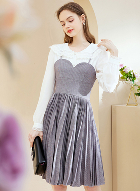 衣纱布菲美珍 OL风吊带连衣裙女秋冬新款蝴蝶结法式百褶裙