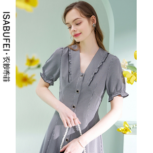 a字复古裙子 女夏v领泡泡袖 衣纱布菲幽鹭赫本风格 子连衣裙新款