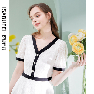 v领复古优雅气质波浪裙子 女夏季 眉蕾 黑白撞色蕾丝连衣裙新款