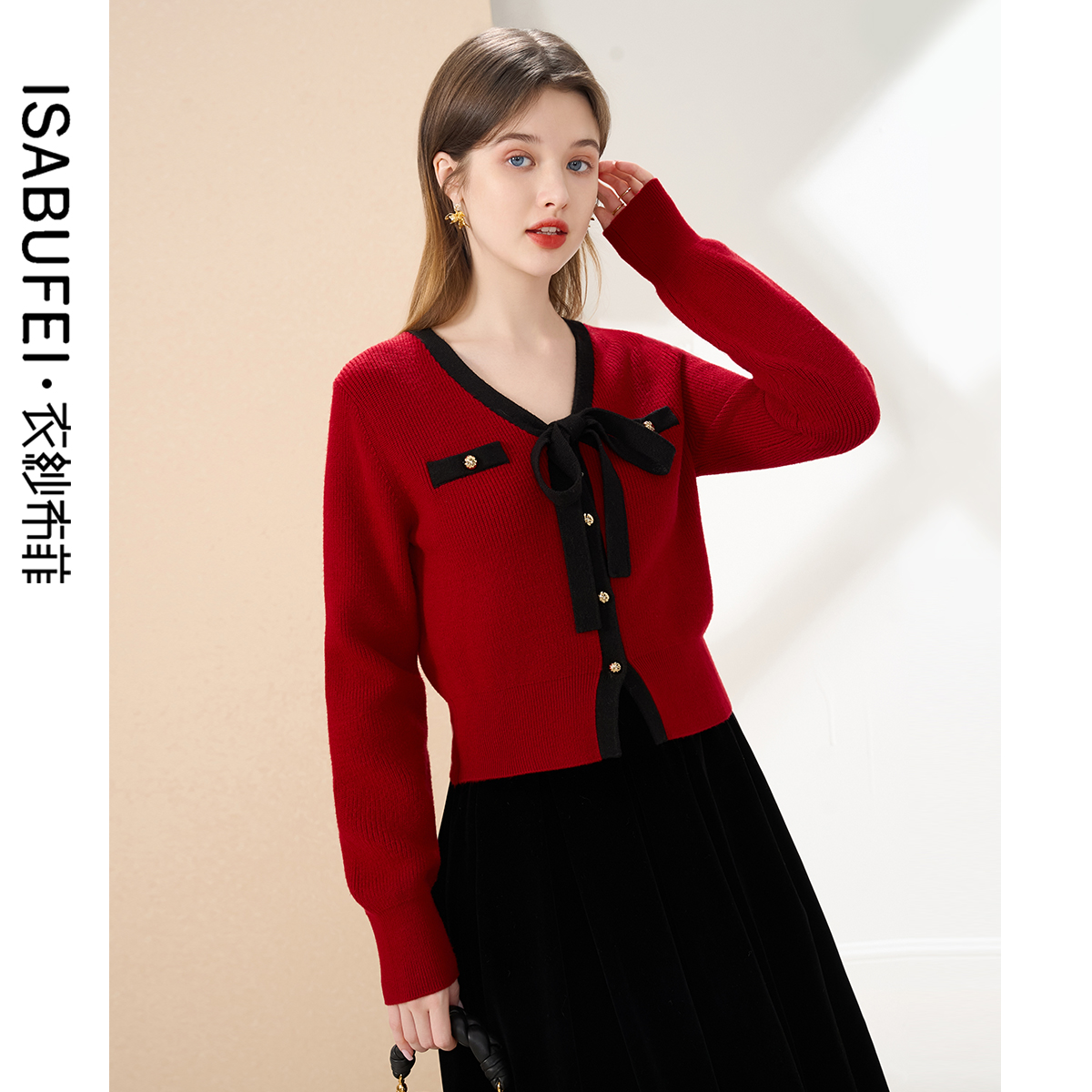 蝴蝶结修身V领毛衣复古百搭