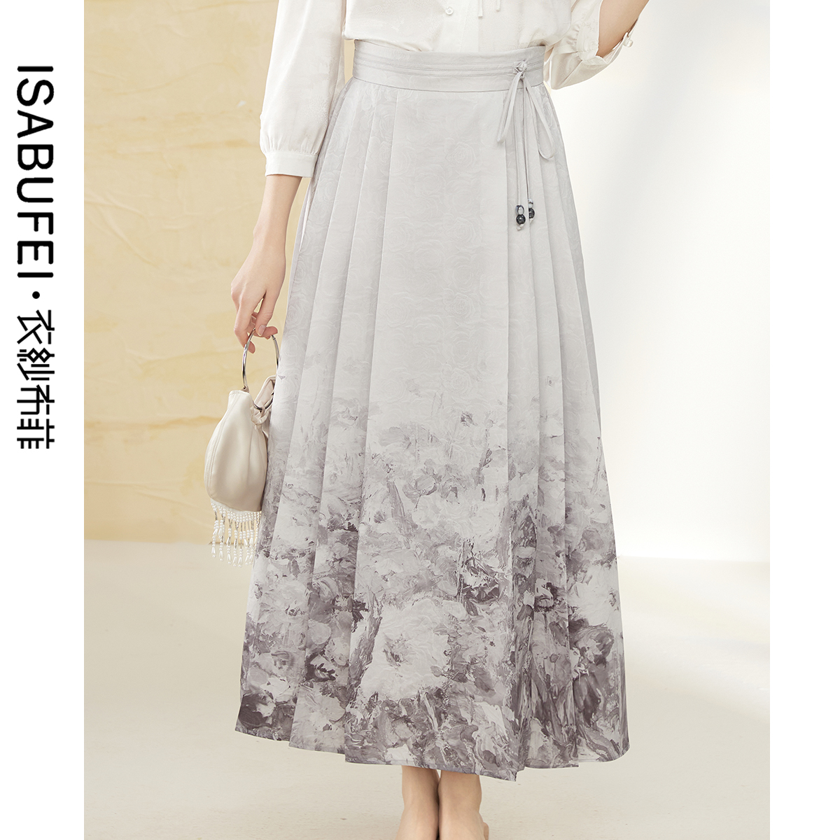 国风水墨印花半身裙蝴蝶结系带