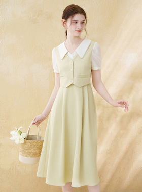 衣纱布菲茗月 萱草绿假两件复古连衣裙2025夏季新款甜美减龄A字裙