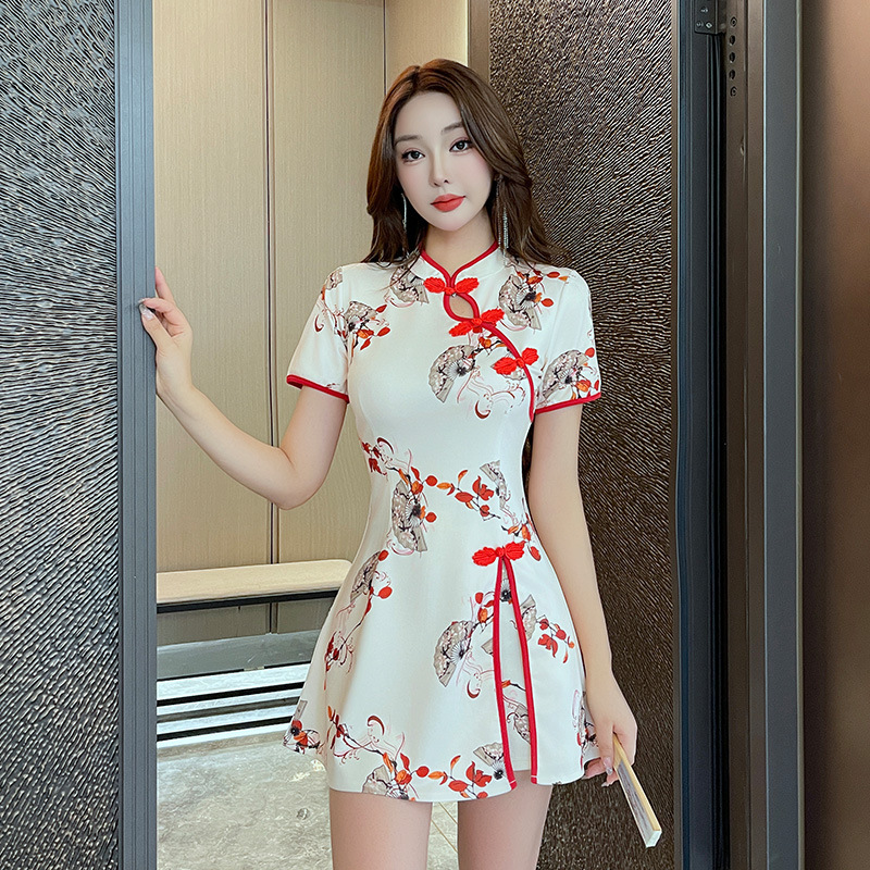 新中式国风红色印花改良旗袍连衣裙女美容理疗按摩足浴技师工作服