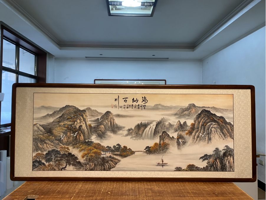 海纳百川纯手绘山水画靠山图客厅装饰风景画公司办公室挂画水墨画