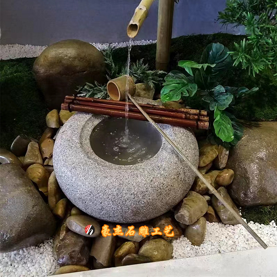 石钵流水钵竹子流水摆件日式庭院水景流水自然石头盆石钵花园造景